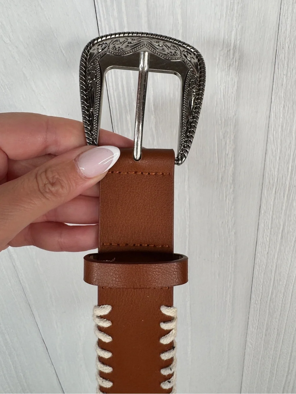 Western Style Belt | Brown Whip Stitch Cowboy Buckle Boho Chic